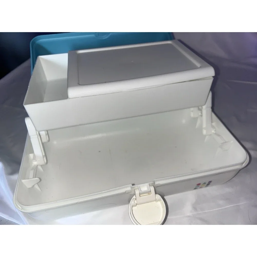 Caboodles Make Up Case With Mirror White And Aqua Travel Case Cosmetics